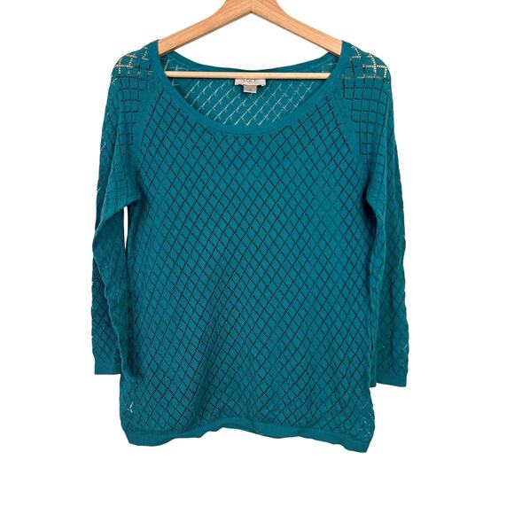 LOFT Women's Medium Teal Diamond Pointelle Sheer Sweater Set w/matching Cami - Picture 1 of 12